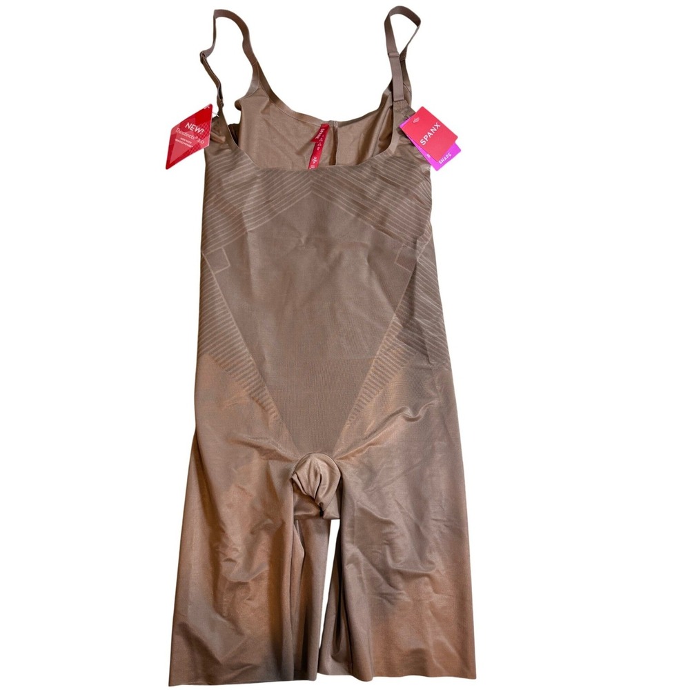 Spanx Thinstincts 2.0 Open Bust Mid Thigh Bodysuit Cafe Au Lait Small NEW
